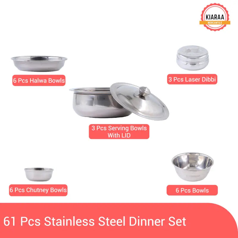 KIARAA Stainless Steel 61-Piece Dinner Set | Complete Dining & Serving Set for 6 | Premium Kitchen Utensil Collection
