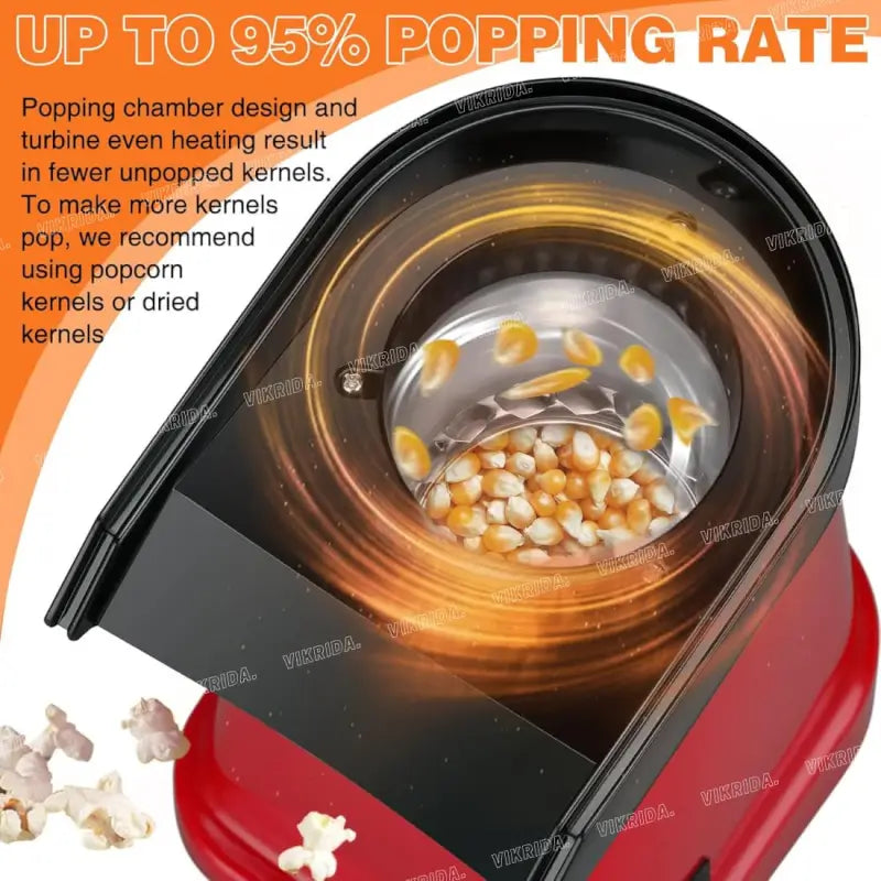 Electric Popcorn Maker | Hot Air Popper Machine | Oil-Free Healthy Snack Maker | Instant Corn Popper for Home | Compact Kitchen Appliance (Red)