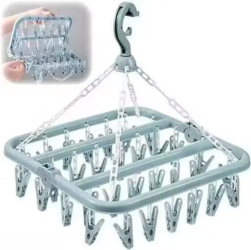 CLICK US Plastic Square Clothes Drying Hanger with 28 Clips | 360° Rotatable Foldable Laundry Drying Stand