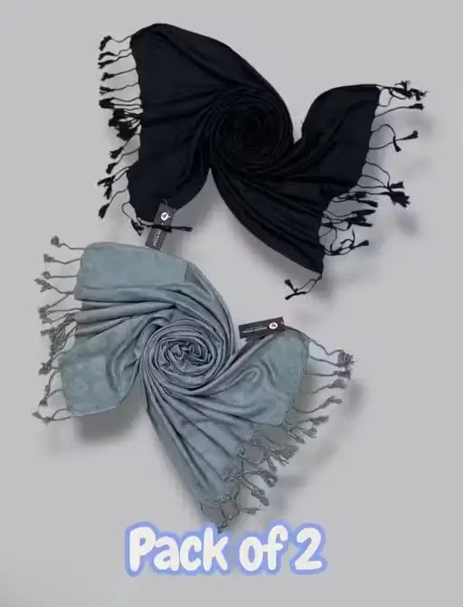 Pack of 2 Women’s Self-Design Stoles | Soft Viscose Rayon Wraps | Lightweight Matte Finish Scarves with Tassels