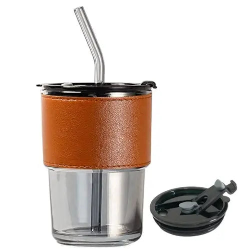 Kosh Glass Tumbler with Lid & Straw (435 ml) | Heat-Resistant Sleeve | Leak-Proof PP Lid | Reusable Travel Coffee Cup