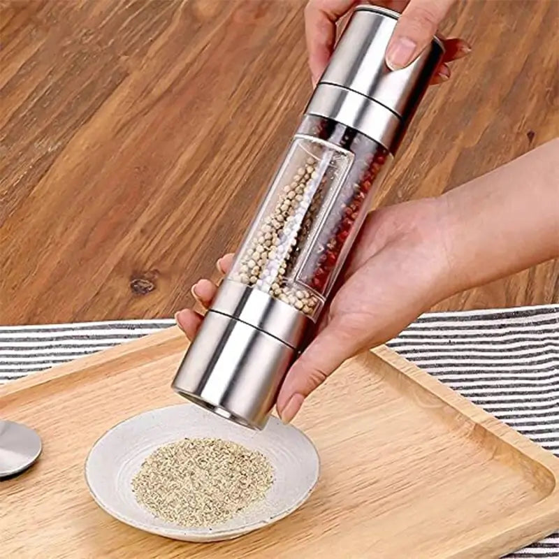 2-in-1 Stainless Steel Salt & Pepper Grinder | Dual-Chamber Manual Spice Mill | Adjustable Coarseness | Refillable Kitchen Seasoning Grinder