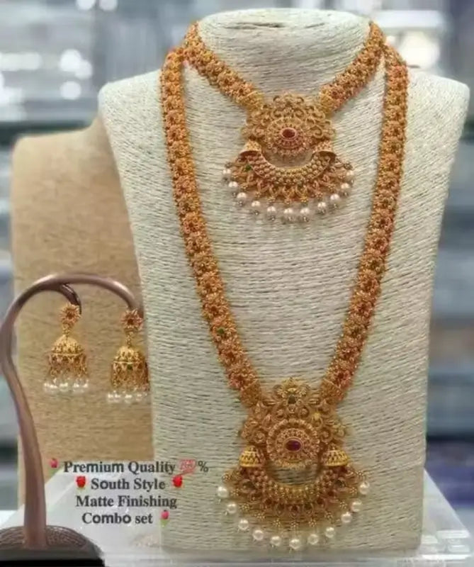 Princess Unique Jewellery Set | Gold-Plated Alloy Haram Necklace with Pearl Work & Earrings | Adjustable Bridal & Festive Set