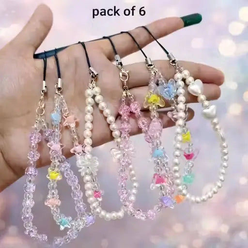 Pack of 6 Cute Beaded Phone Charms | Pearl & Butterfly Mobile Hanging Accessories | Stylish Keychain & Bag Charms