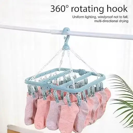 CLICK US Plastic Square Clothes Drying Hanger with 28 Clips | 360° Rotatable Foldable Laundry Drying Stand