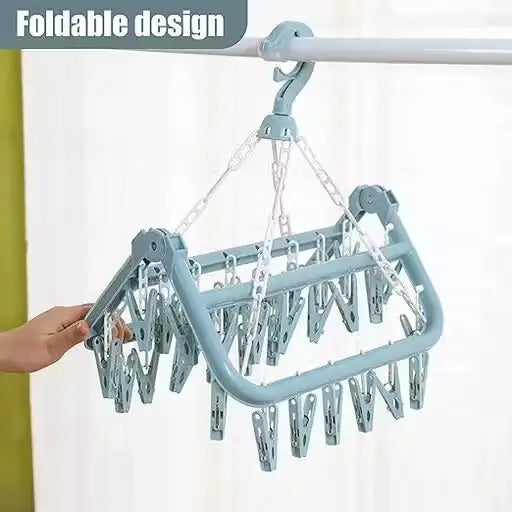 CLICK US Plastic Square Clothes Drying Hanger with 28 Clips | 360° Rotatable Foldable Laundry Drying Stand