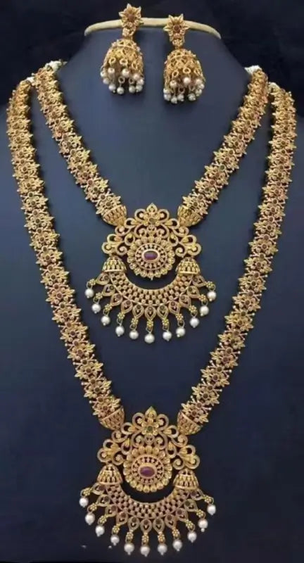 Princess Unique Jewellery Set | Gold-Plated Alloy Haram Necklace with Pearl Work & Earrings | Adjustable Bridal & Festive Set