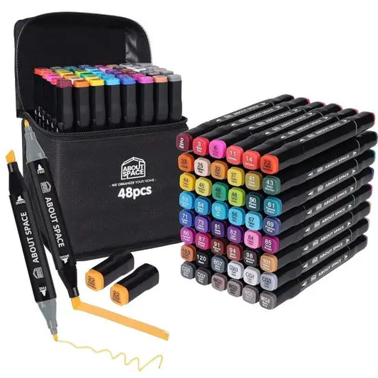 48 Colors Dual Tip Alcohol Marker Pen Set | Graphic Art Sketch Markers with Carrying Case