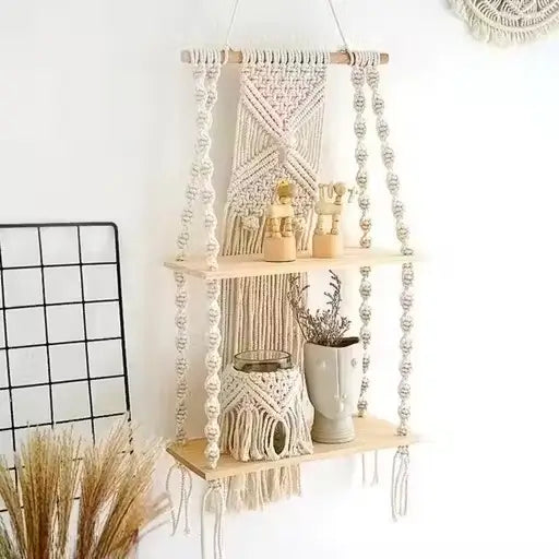 Handcrafted Cotton Rope Wall Hanging Shelf | Macrame Plant Hanger & Floating Decor | Wooden Wall Organizer for Home Décor