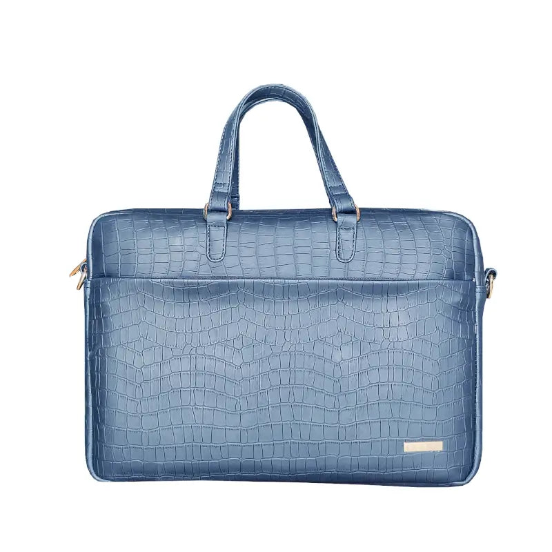 Navy Blue Vegan Leather Laptop Bag | Croco Textured Office Briefcase with Padded Laptop Compartment | Water-Resistant & Durable