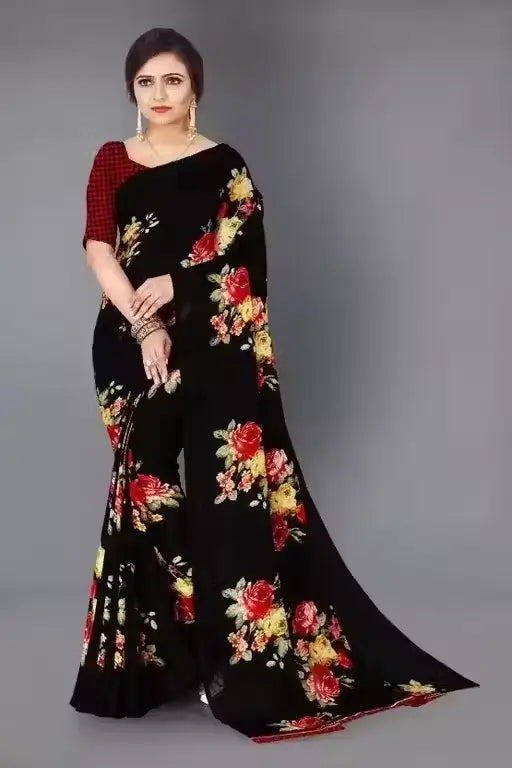 Women’s Designer Georgette Floral Printed Saree with Blouse Piece | Cotton Blend Lightweight Saree | Free Size Party & Festive Wear