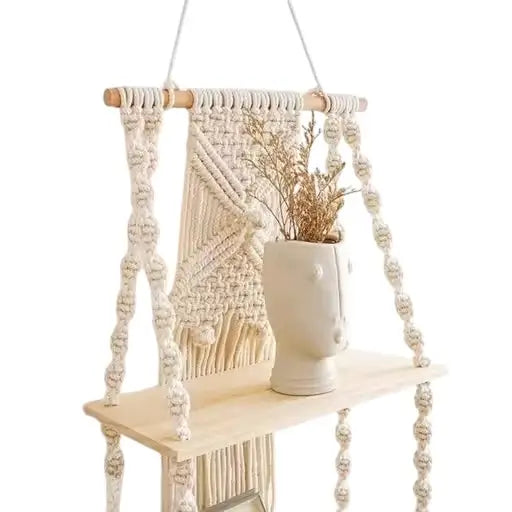 Handcrafted Cotton Rope Wall Hanging Shelf | Macrame Plant Hanger & Floating Decor | Wooden Wall Organizer for Home Décor