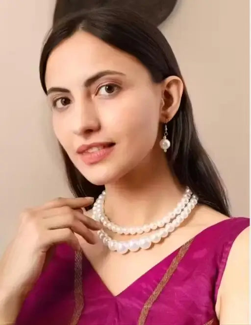 Artificial Pearl Mala Set (2 Layer) with Earrings | Elegant Imitation Jewellery Set | Adjustable Traditional Necklace for Women