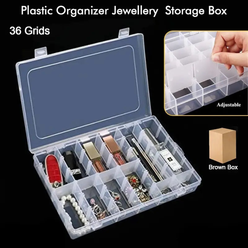 CrystalStore 36 Grid Organizer Box – Transparent Jewelry Storage with Adjustable Dividers