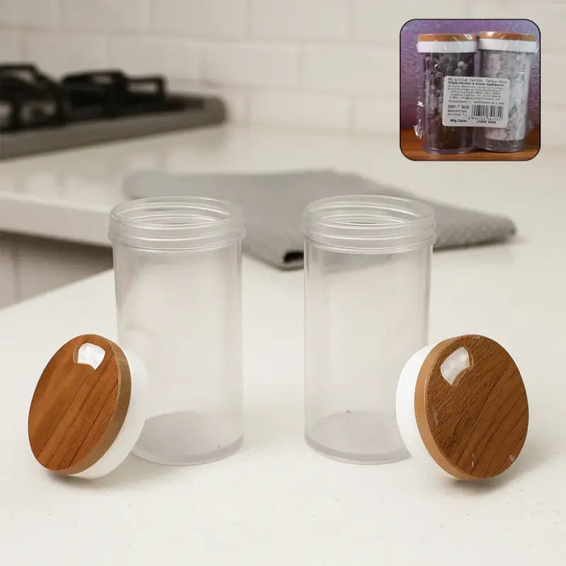 Airtight Transparent Kitchen Storage Jar Set (2 Pc) | Multipurpose Spice & Food Containers with Wooden Finish Lid