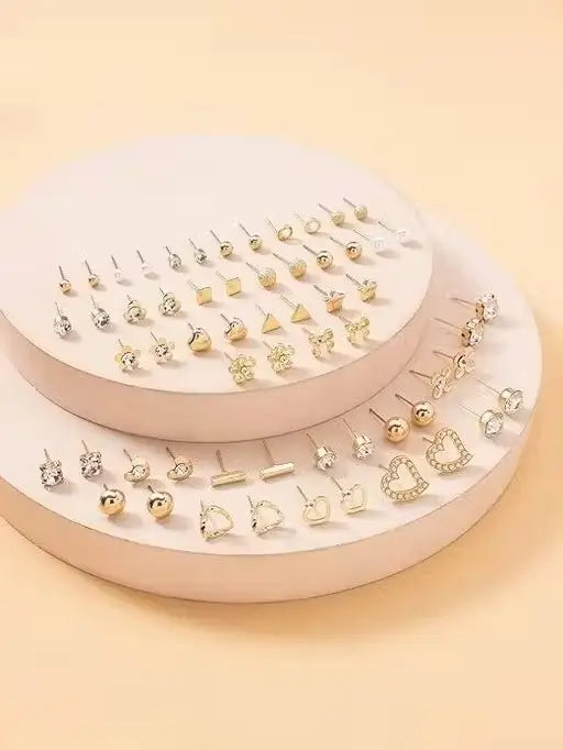 RARE 1 Gold-Plated Stud Earrings Combo (30 Pairs) | Multicolor Pearl & AD Stone Earrings Set | Lightweight Jewellery for Women & Girls