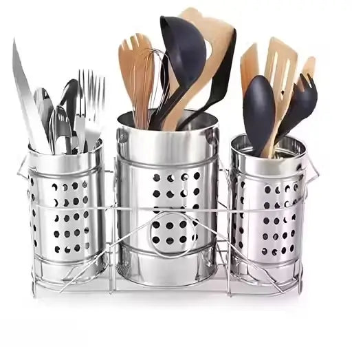 Self-Draining Stainless Steel Utensil Holder | Kitchen Cutlery Storage Box with Drain Holes | Rust-Proof Spoon & Knife Organizer