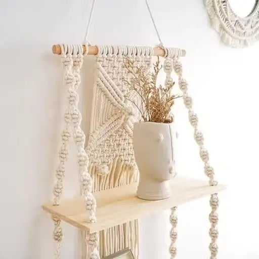 Handcrafted Cotton Rope Wall Hanging Shelf | Macrame Plant Hanger & Floating Decor | Wooden Wall Organizer for Home Décor