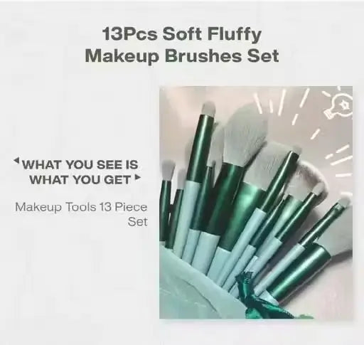 Professional FIX+ Makeup Brush Set (13 PCS) | Green Cosmetic Brushes | Soft Imitation Badger Hair | Complete Beauty Tool Kit