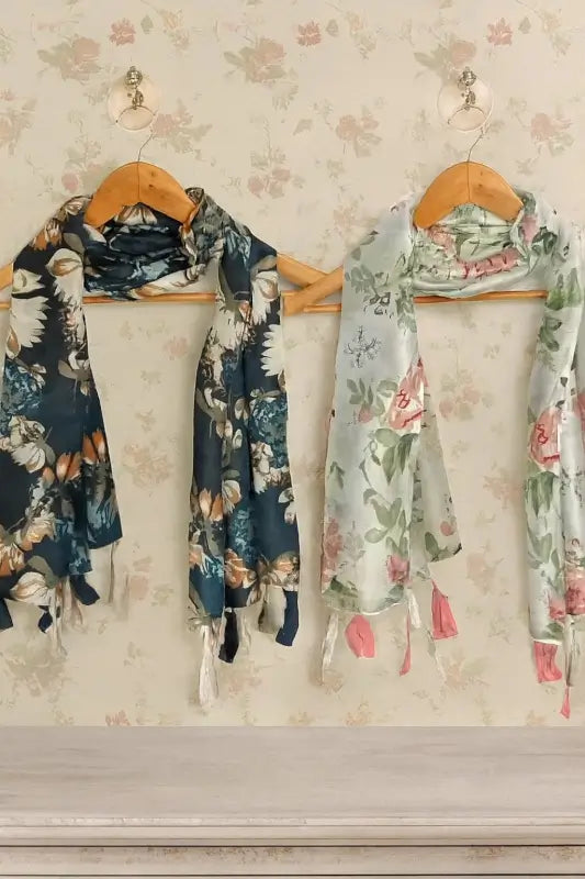 Pack of 2 Printed Chiffon Stoles for Women & Girls | Lightweight Glossy Scarves with Tassels | Stylish Travel-Friendly Wraps