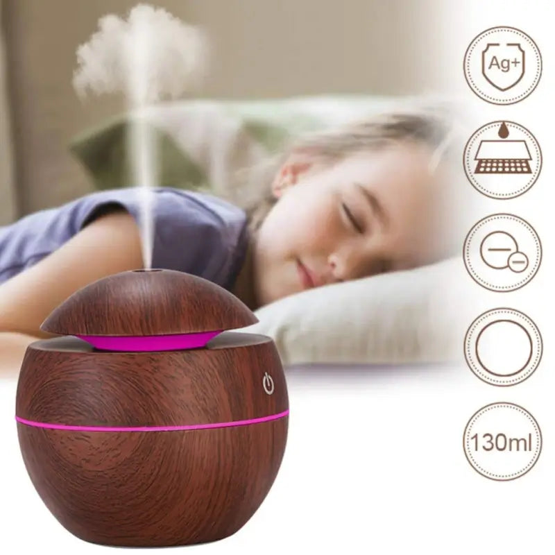 AromaGlow Wooden Humidifier – Essential Oil Diffuser with 7-Color LED Light (130ml)