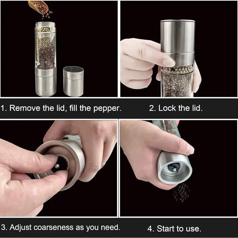 2-in-1 Stainless Steel Salt & Pepper Grinder | Dual-Chamber Manual Spice Mill | Adjustable Coarseness | Refillable Kitchen Seasoning Grinder