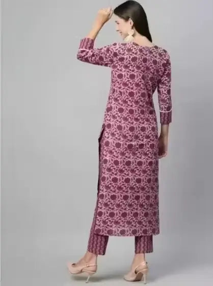 Women’s Cotton Kurti Set with Pants | Purple Floral Printed A-Line Kurta & Maroon Bottomwear | 3/4 Sleeves | Daily Wear Ethnic Outfit