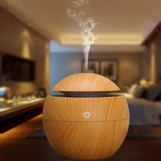 AromaGlow Wooden Humidifier – Essential Oil Diffuser with 7-Color LED Light (130ml)