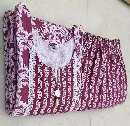 Women’s Cotton Kurti Set with Pants | Purple Floral Printed A-Line Kurta & Maroon Bottomwear | 3/4 Sleeves | Daily Wear Ethnic Outfit