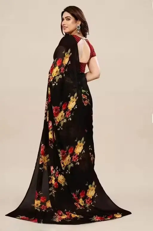 Women’s Designer Georgette Floral Printed Saree with Blouse Piece | Cotton Blend Lightweight Saree | Free Size Party & Festive Wear