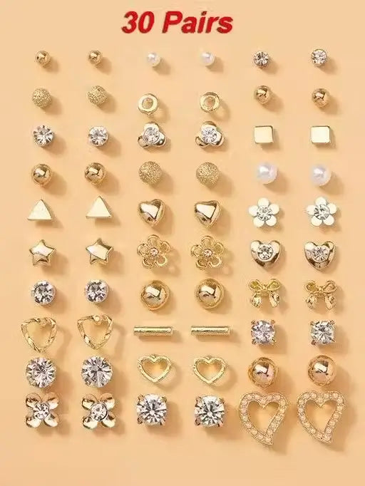 RARE 1 Gold-Plated Stud Earrings Combo (30 Pairs) | Multicolor Pearl & AD Stone Earrings Set | Lightweight Jewellery for Women & Girls