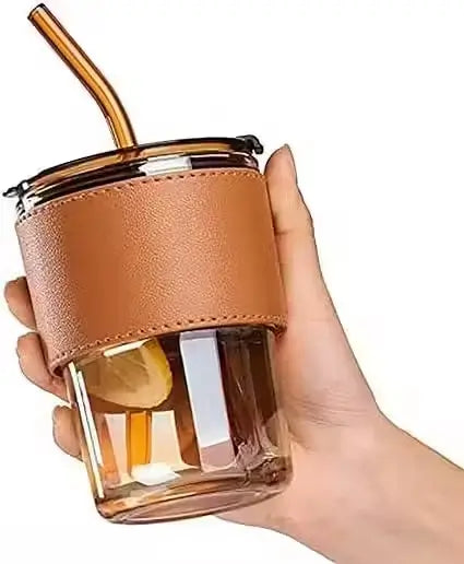 Kosh Glass Tumbler with Lid & Straw (435 ml) | Heat-Resistant Sleeve | Leak-Proof PP Lid | Reusable Travel Coffee Cup
