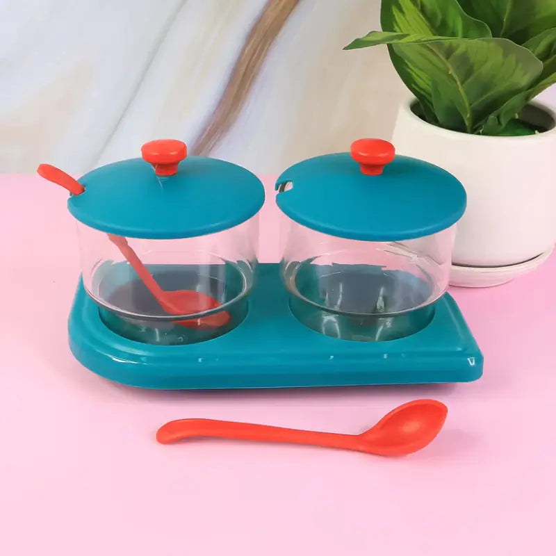Storewell Multipurpose Spice & Condiment Container Set (2 Pc) | Kitchen Storage Jars with Tray & Spoons
