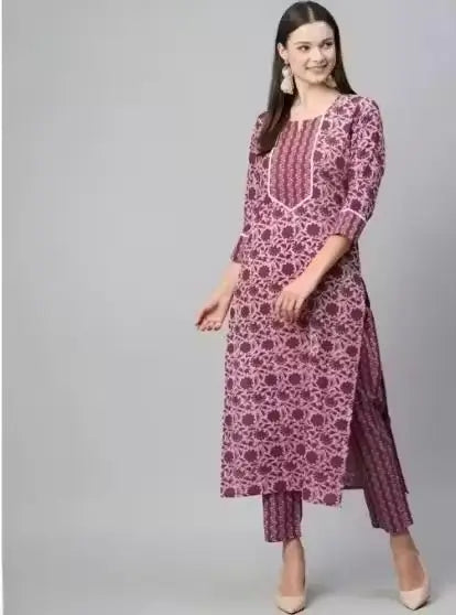 Women’s Cotton Kurti Set with Pants | Purple Floral Printed A-Line Kurta & Maroon Bottomwear | 3/4 Sleeves | Daily Wear Ethnic Outfit