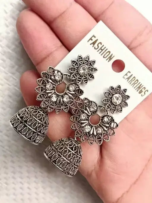 Combo of 4 Pair Oxidised Silver Earrings | Jhumki & Hoop Set for Women & Girls | Indo-Western Stylish Jewellery
