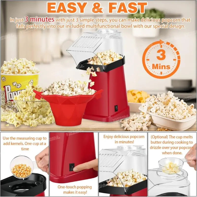 Electric Popcorn Maker | Hot Air Popper Machine | Oil-Free Healthy Snack Maker | Instant Corn Popper for Home | Compact Kitchen Appliance (Red)