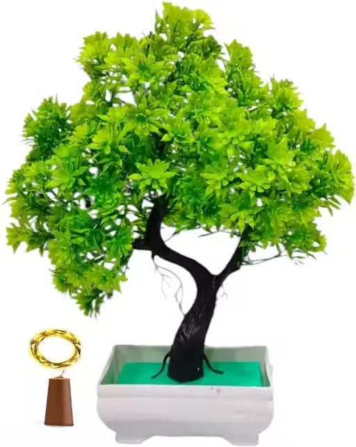 Artificial Bonsai Plant with Cork LED Light | Mini Decorative Plastic Plant | Tabletop Home & Office Décor | Low Maintenance Gift Item