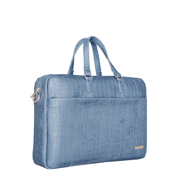 Navy Blue Vegan Leather Laptop Bag | Croco Textured Office Briefcase with Padded Laptop Compartment | Water-Resistant & Durable