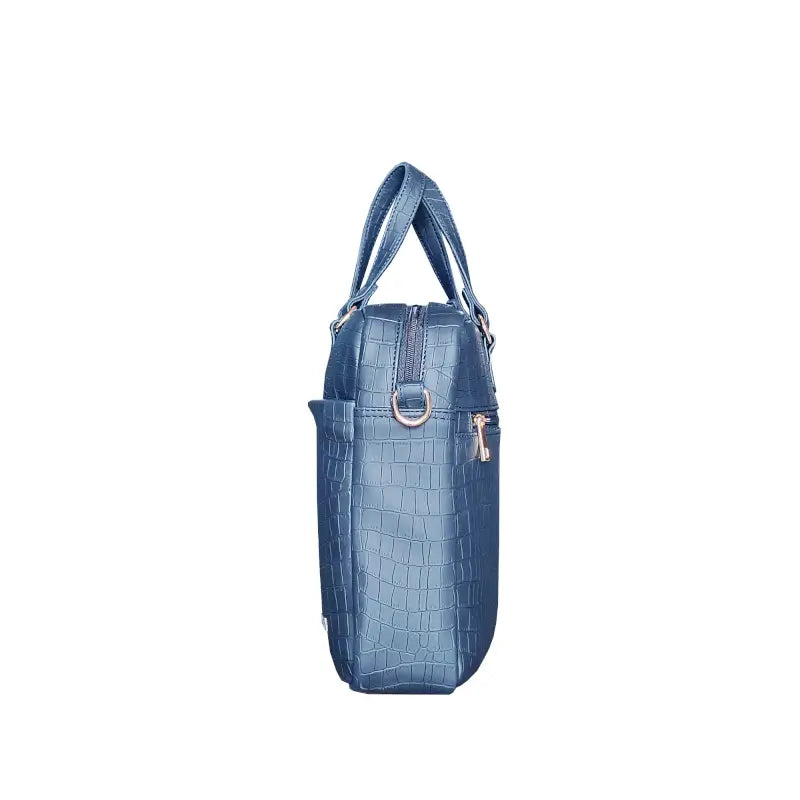 Navy Blue Vegan Leather Laptop Bag | Croco Textured Office Briefcase with Padded Laptop Compartment | Water-Resistant & Durable