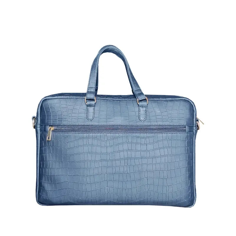 Navy Blue Vegan Leather Laptop Bag | Croco Textured Office Briefcase with Padded Laptop Compartment | Water-Resistant & Durable