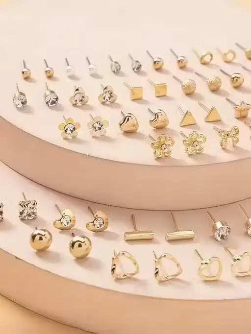 RARE 1 Gold-Plated Stud Earrings Combo (30 Pairs) | Multicolor Pearl & AD Stone Earrings Set | Lightweight Jewellery for Women & Girls