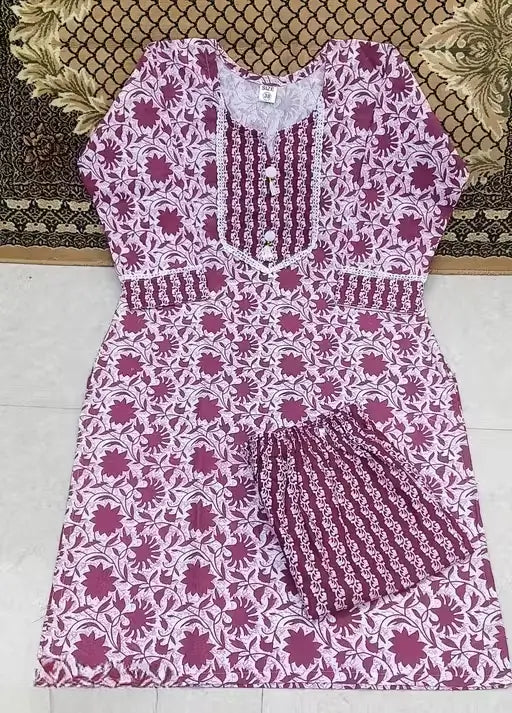 Women’s Cotton Kurti Set with Pants | Purple Floral Printed A-Line Kurta & Maroon Bottomwear | 3/4 Sleeves | Daily Wear Ethnic Outfit