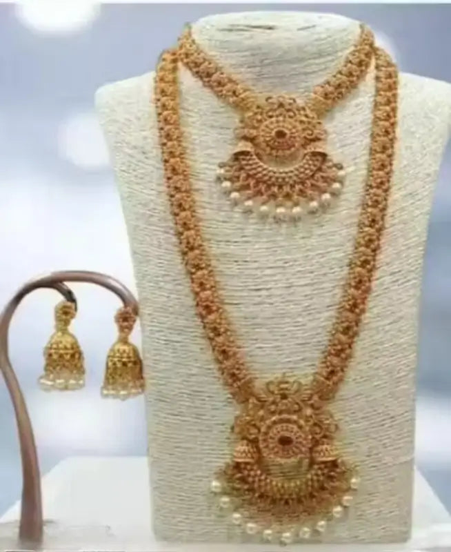 Princess Unique Jewellery Set | Gold-Plated Alloy Haram Necklace with Pearl Work & Earrings | Adjustable Bridal & Festive Set
