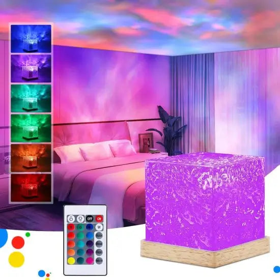 Ocean Wave LED Projector Lamp | 16 Color RGB Water Ripple Night Light | Crystal Cube Ambient Light with Remote Control (USB Powered)