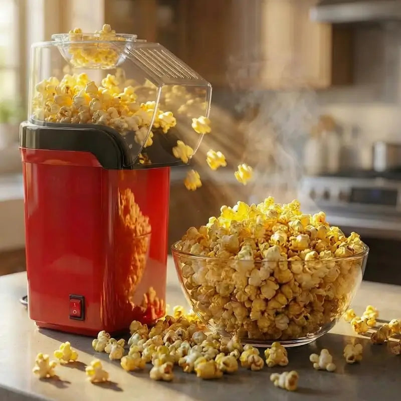 Electric Popcorn Maker | Hot Air Popper Machine | Oil-Free Healthy Snack Maker | Instant Corn Popper for Home | Compact Kitchen Appliance (Red)