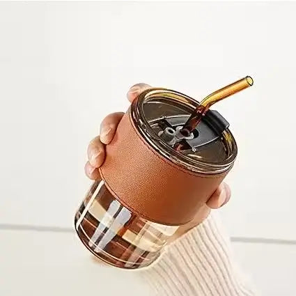 Kosh Glass Tumbler with Lid & Straw (435 ml) | Heat-Resistant Sleeve | Leak-Proof PP Lid | Reusable Travel Coffee Cup